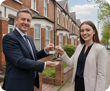 A mortgage adviser handing over house keys to a new homeowner outside a row of townhouses