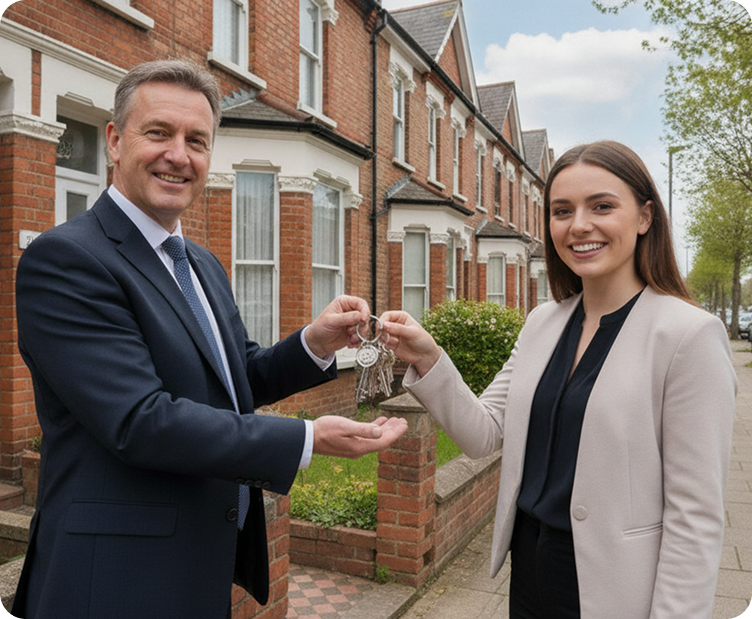 A mortgage adviser handing over house keys to a new homeowner outside a row of townhouses