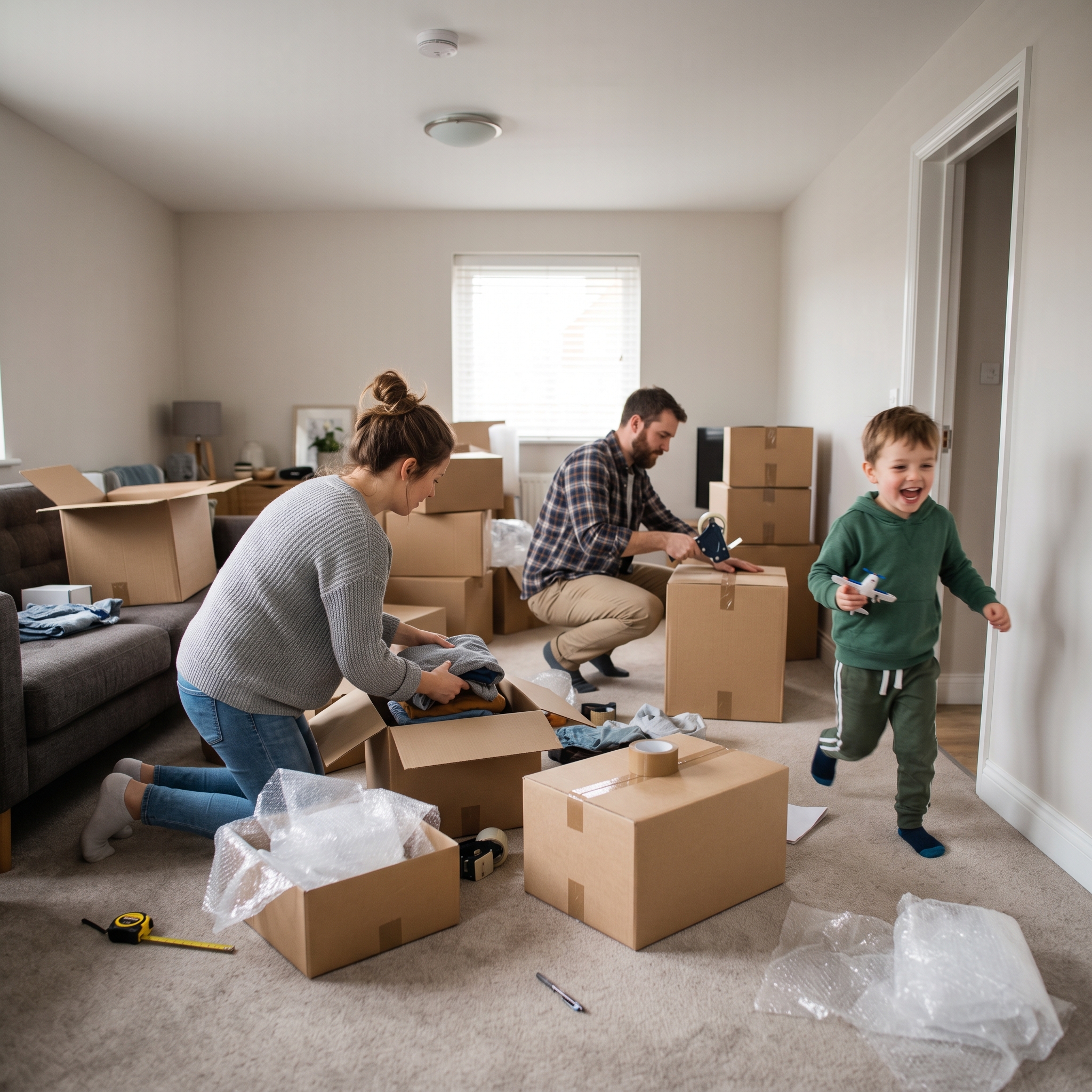 A family unpacking boxes together in their new home