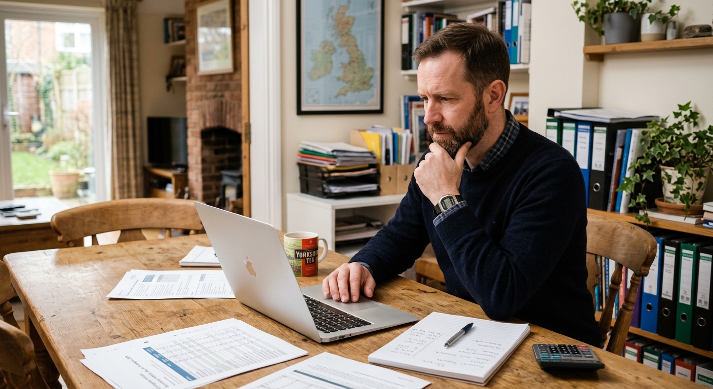 A UK contractor planning property investments, reviewing documents with a laptop