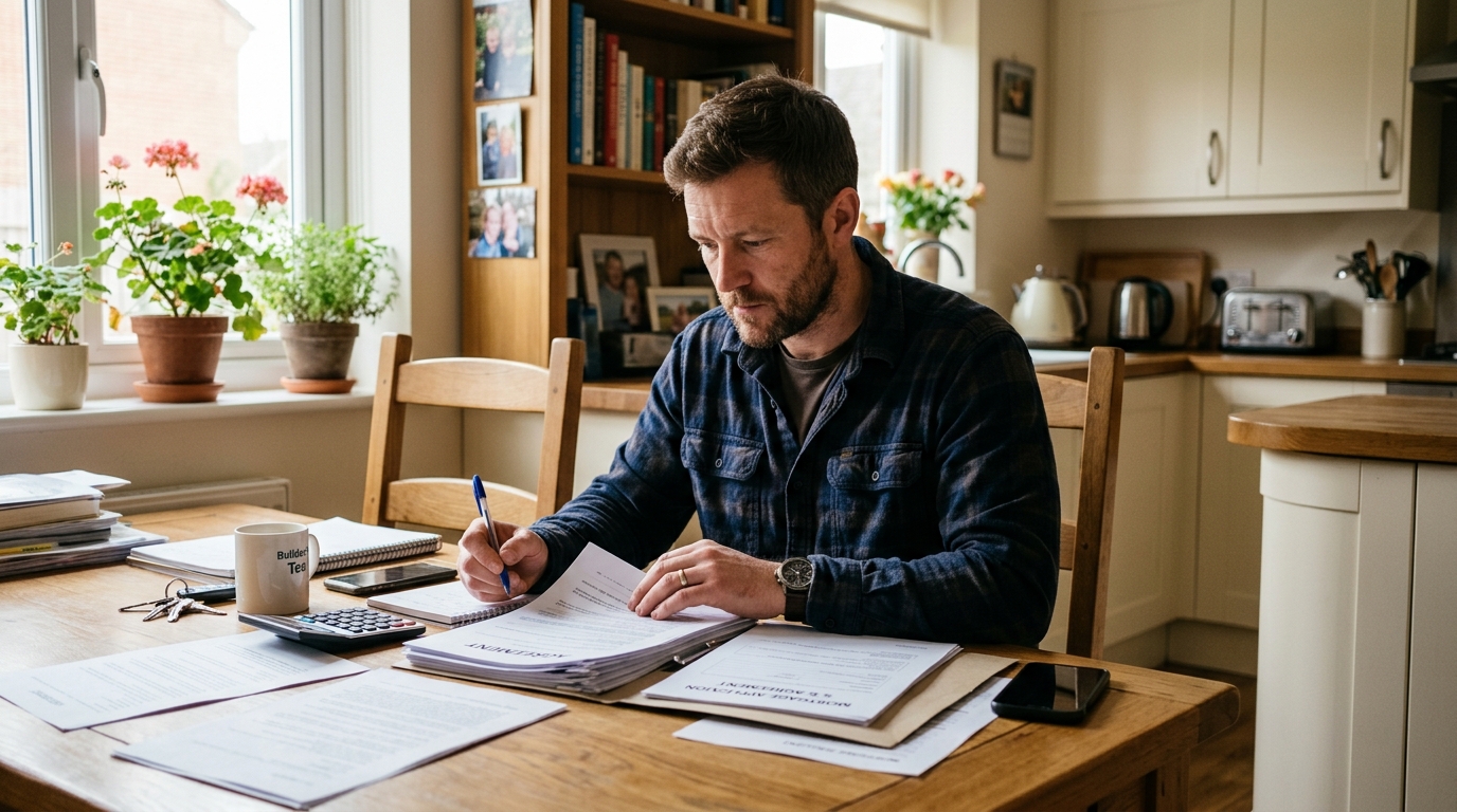 Hand holding a pen over mortgage application forms and contract documents for a contractor