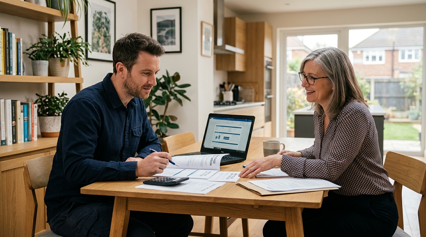 Contractor reviewing home mover mortgage documents with a broker