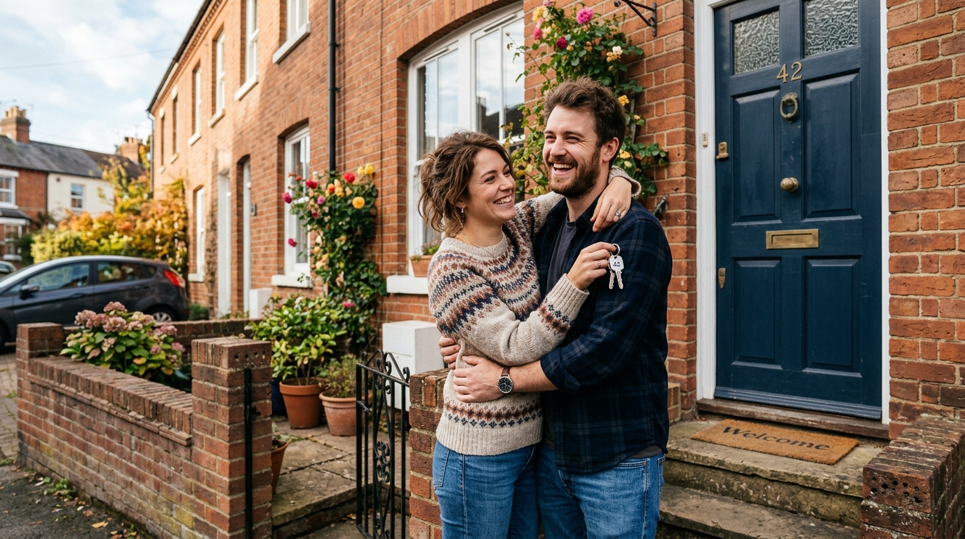 A couple celebrating with keys to their new home, in front of a modern UK house