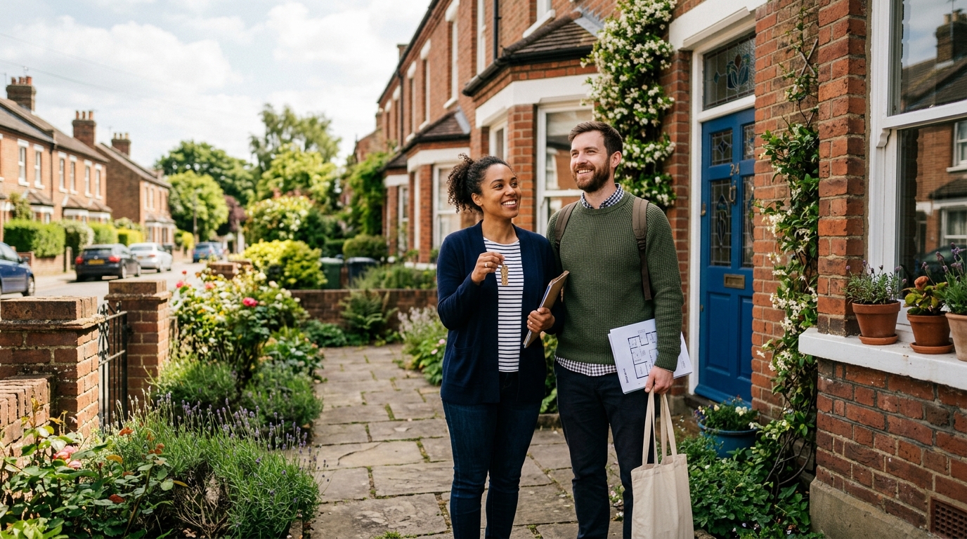 New homeowners receiving keys in front of a modern UK house