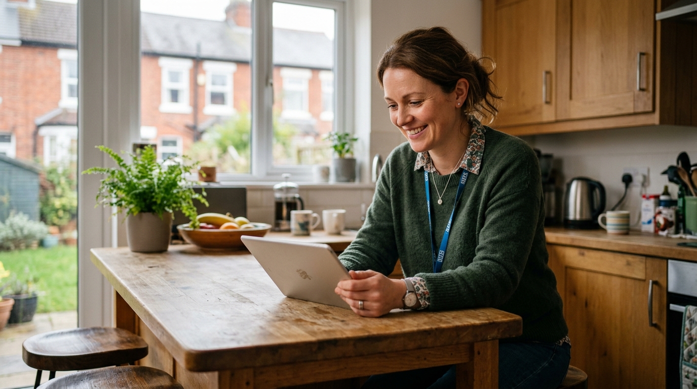 A nurse reviewing mortgage documents with a mortgage broker, pointing at a house