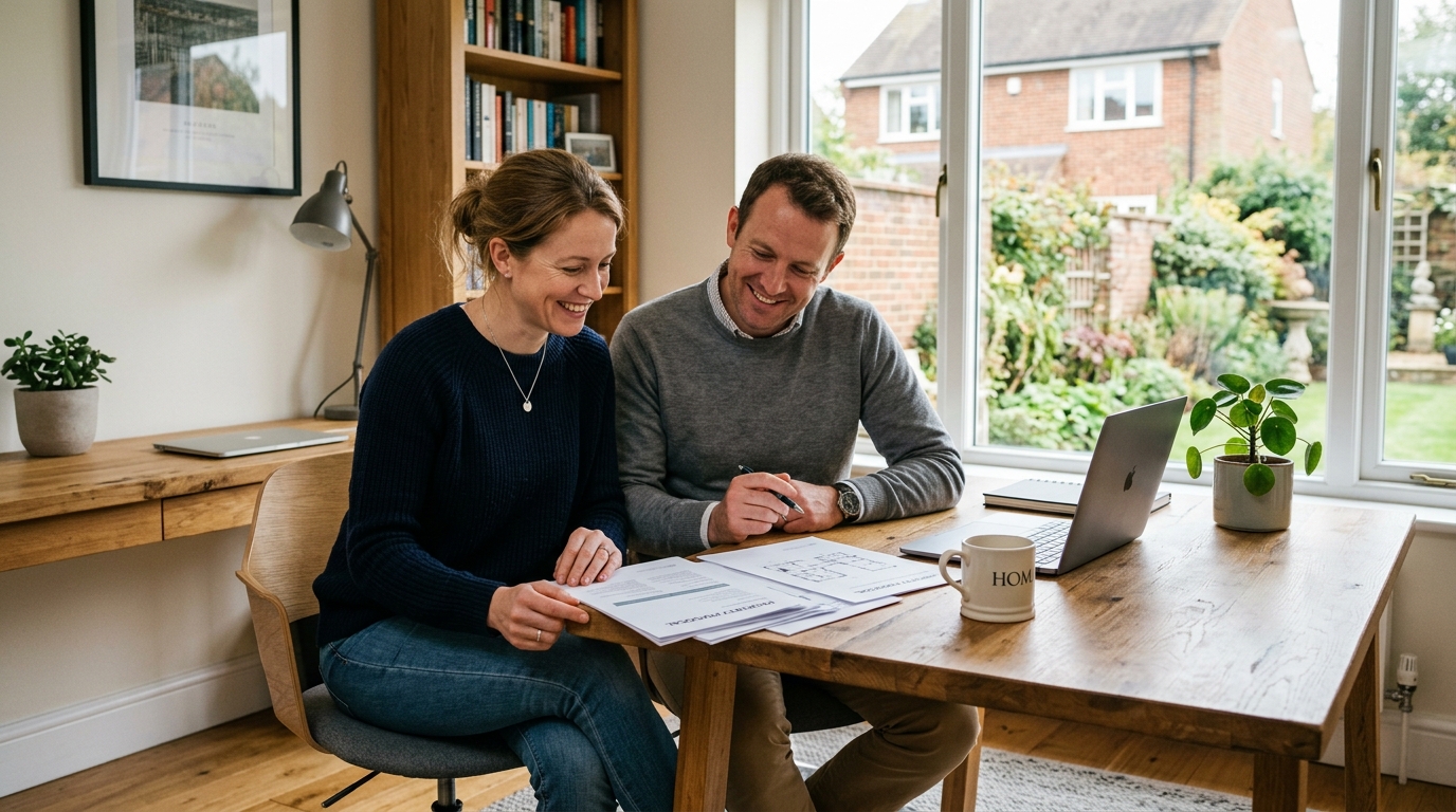 Professional couple reviewing mortgage documents at a desk